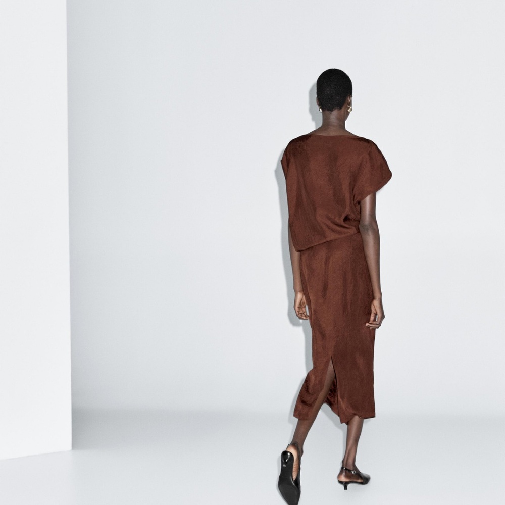 NWT Massimo Dutti Burgundy/Warm Chocolate Satin Midi Dress Size 2 US / 34 EUR - Picture 2 of 14